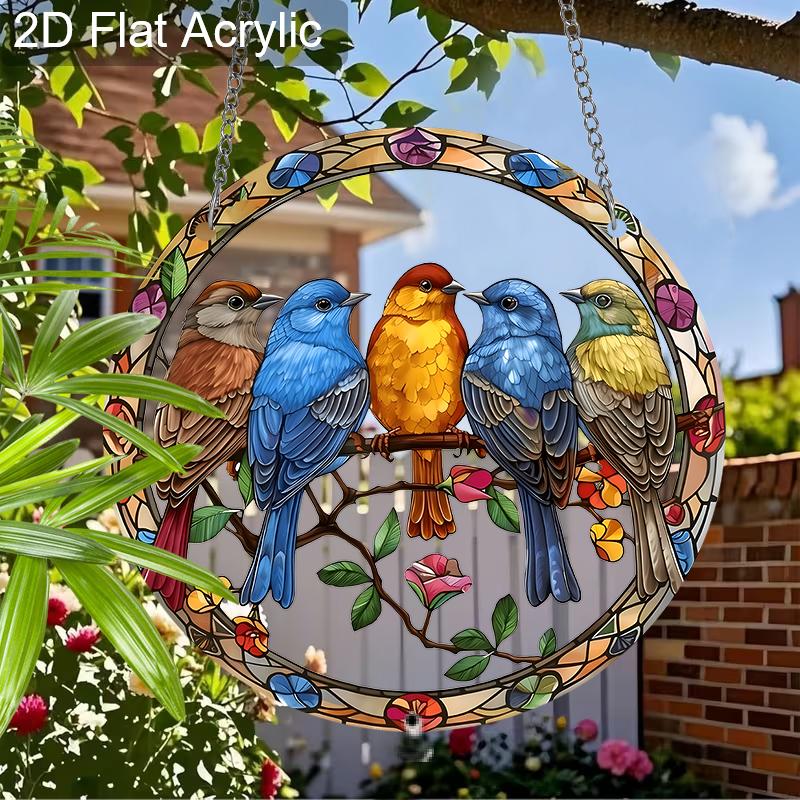 Acrylic Colorful Birds On A Branch Suncatcher, Stained Glass Style Window Hanging Ornament for Nature and Garden Lovers