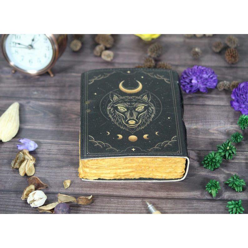 Handmade Leather Journal: Wolf & Moon Embossed Deckle Edge Paper