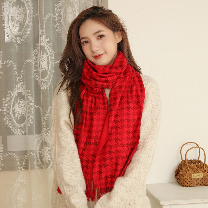 Double Sided Houndstooth Scarf for Women Winter Couple Wool Imitation Cashmere Scarf Men's Shawl Versatile Red Scarf