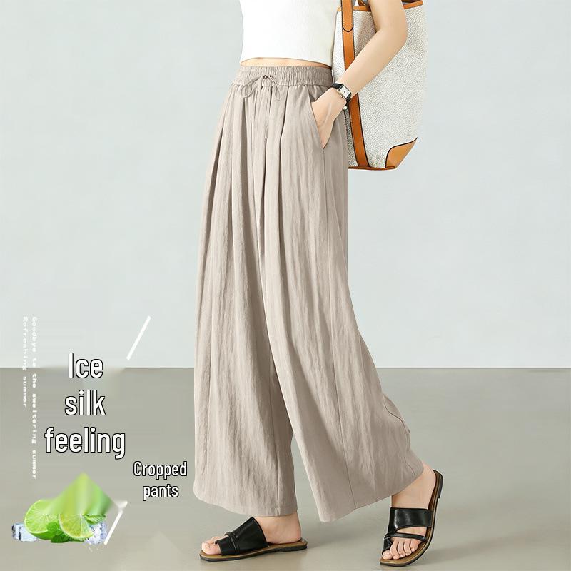 Women's Summer Ice Silk Cropped Loose-Fit Plus Size Pants, Elastic Waist & Petite 8-Point Casual Thin Pants