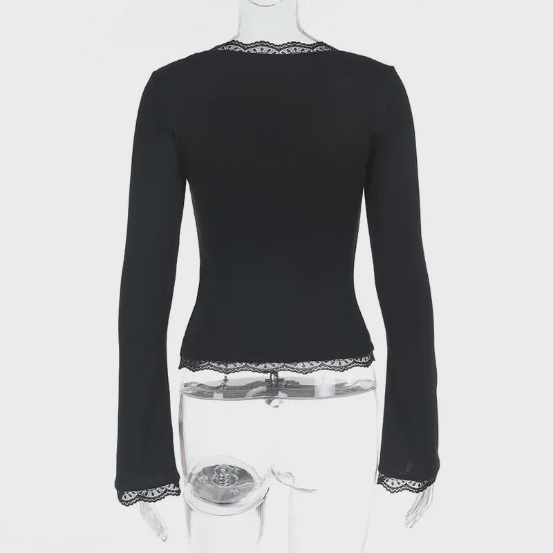 2025 Spring/Summer European & American Style Women's Sexy Slim Lace Long Sleeve Top
