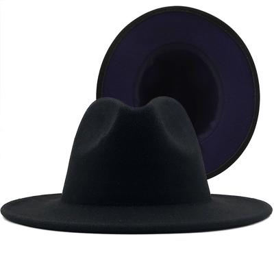 Heiße äußere schwarze innere marineblaue Wollfilz-Jazz-Fedora-Hüte mit dünner Gürtelschnalle für Männer und Frauen, breite Krempe, Panama-Trilby-Kappe, 56–58 cm