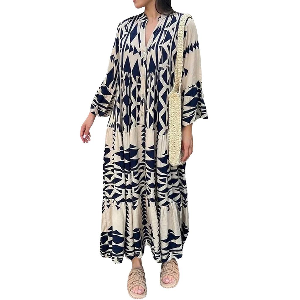 Women's Fashionable Loose Printed Shirt Skirt Bohemian Long Sleeved Long Dress