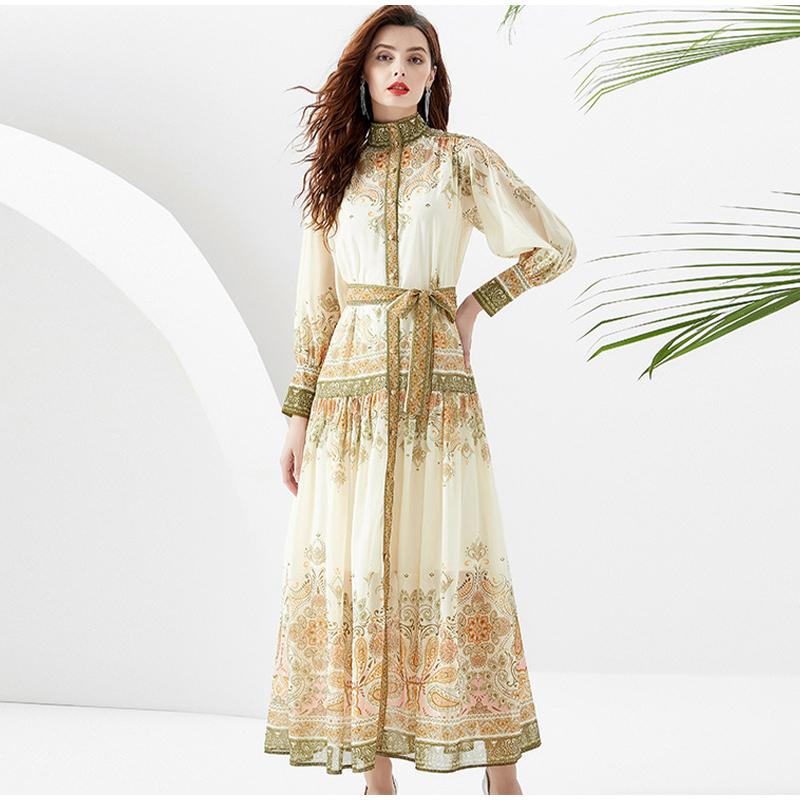 Spring New Style Women's Retro Vacation Style Stand-up Collar Lantern Sleeve Long Skirt Printed Dress Fashion Trend Beach Style Long Dress