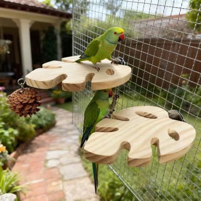 Bird Cage Perch Wood Parrot Platform Stand Monstera Leaf Flat Bird Perch with Pinecone for Cockatiels Conures African Greys Chewing Resting Nail