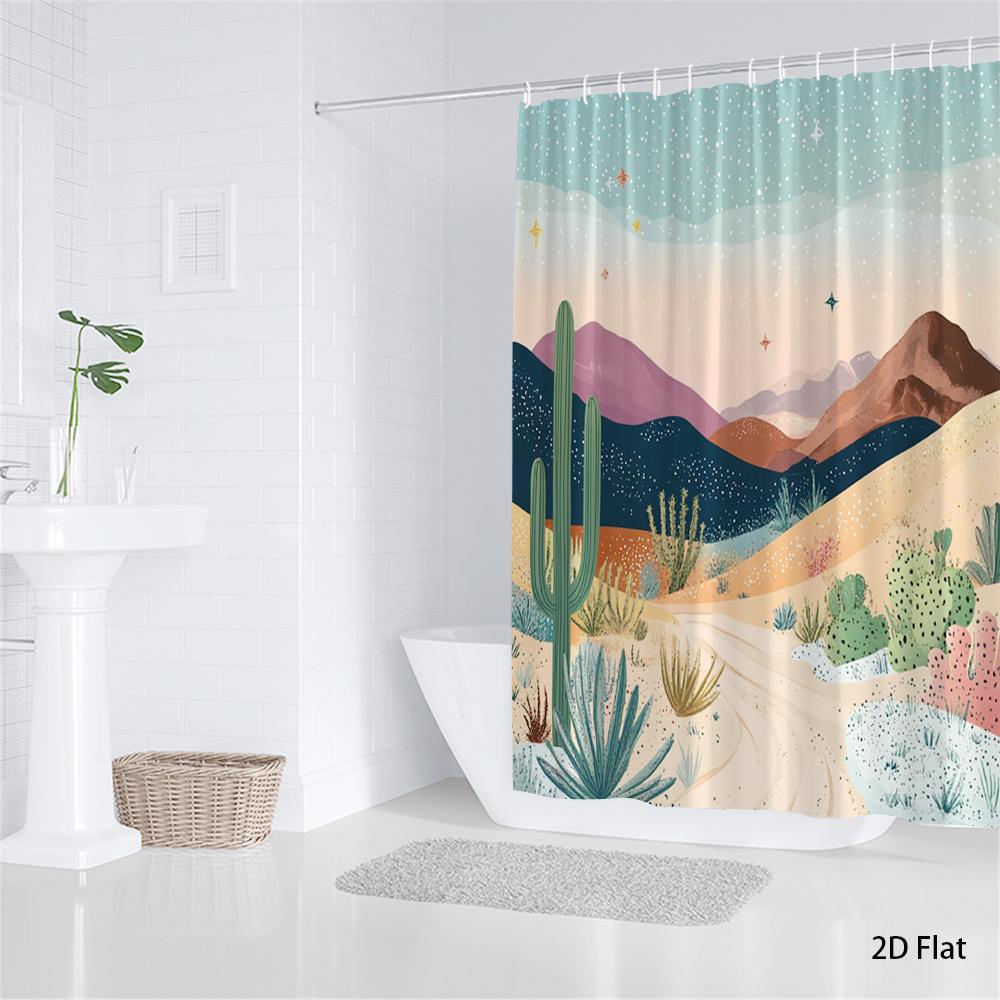 Cactus Shower Curtain 180x180cm – Desert Mountain Scene with Vibrant Flora, Southwestern Bathroom Decor, 12 Hooks