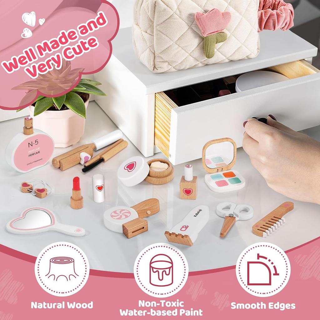 16-Piece Wooden Makeup Toy Set, Pretend PlayKit for Toddlers & Little Girls 3+, Fake Makeup&Beauty Salon Toys, Birthday Gifts