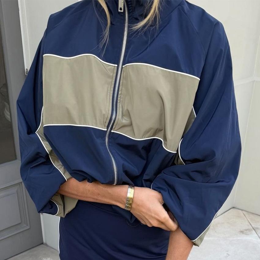 Unisex French Retro Stand Collar Color-Block Zip-Up Oversize Track Jacket Lightweight Polyamide Outdoor Casual Coat, Blue