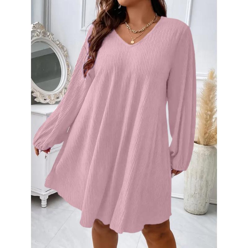 Women Fashion V Neck Long Sleeve Loose Plus Size Midi Dress