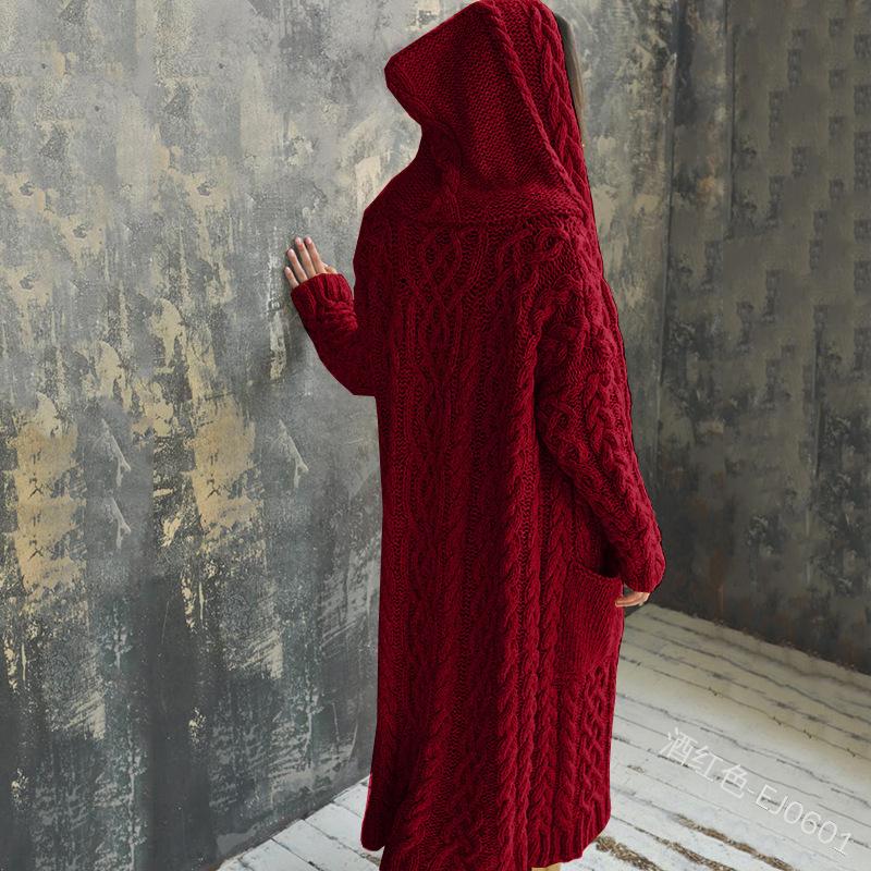 Women's Hood Neck Long Sleeve Cardigan Sweater Cape Fit British Style Solid Color Cable Knit Lazy Casual Commuter Long Knit Coat