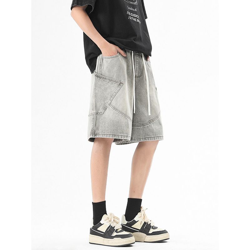 51 Hip-hop American High Street Vibe Multi-pockets Cargo Demin shorts Men's Washed Distressed Drawstring Loose Cropped Pants