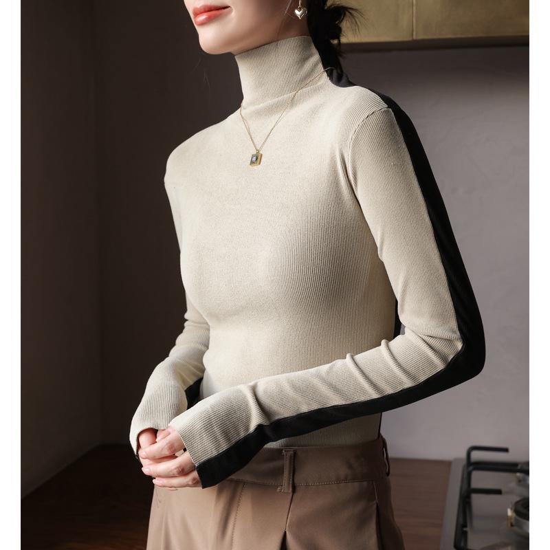 

Women s Dual-Wear High Collar Slim Fit Colorblock Long Sleeve Top for Autumn and Winter S