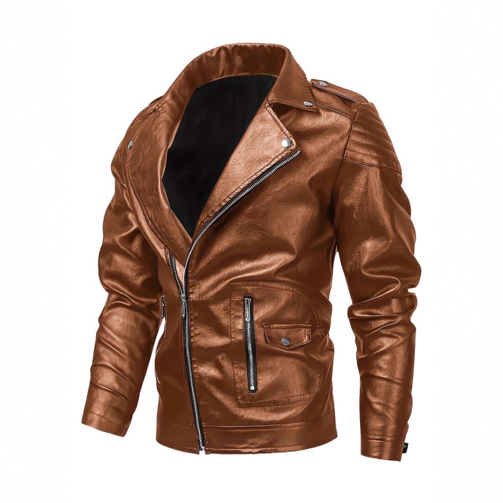 Autumn new European and American trendy men's locomotive multi-zipper leather jacket, large size leather jacket B