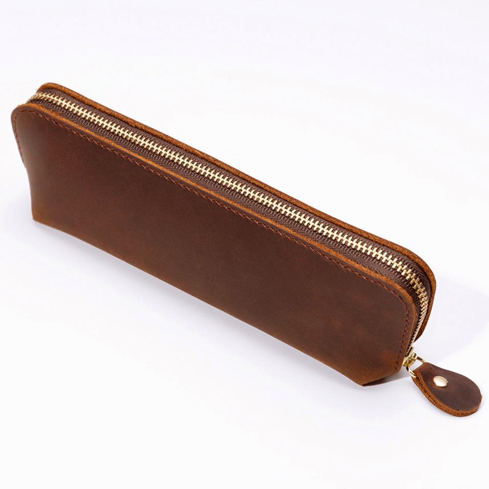 2026 Crazy Horse Leather Zipper Pencil Bag Handmade Leather Pencil Bag Creative Fashion Stationery Retro Pen Storage Bag