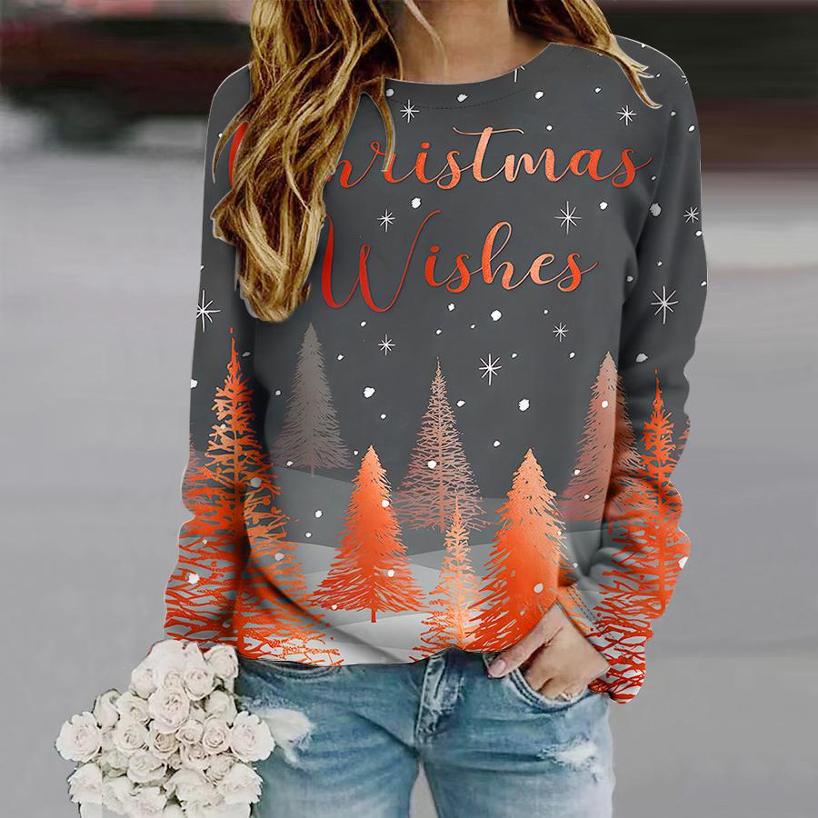 Tops For Women Christmas Tree Snowflakes Print Round Neck Long Sleeve T-shirt Fall Casual Slim Pullover Women's Long Sleeve Top