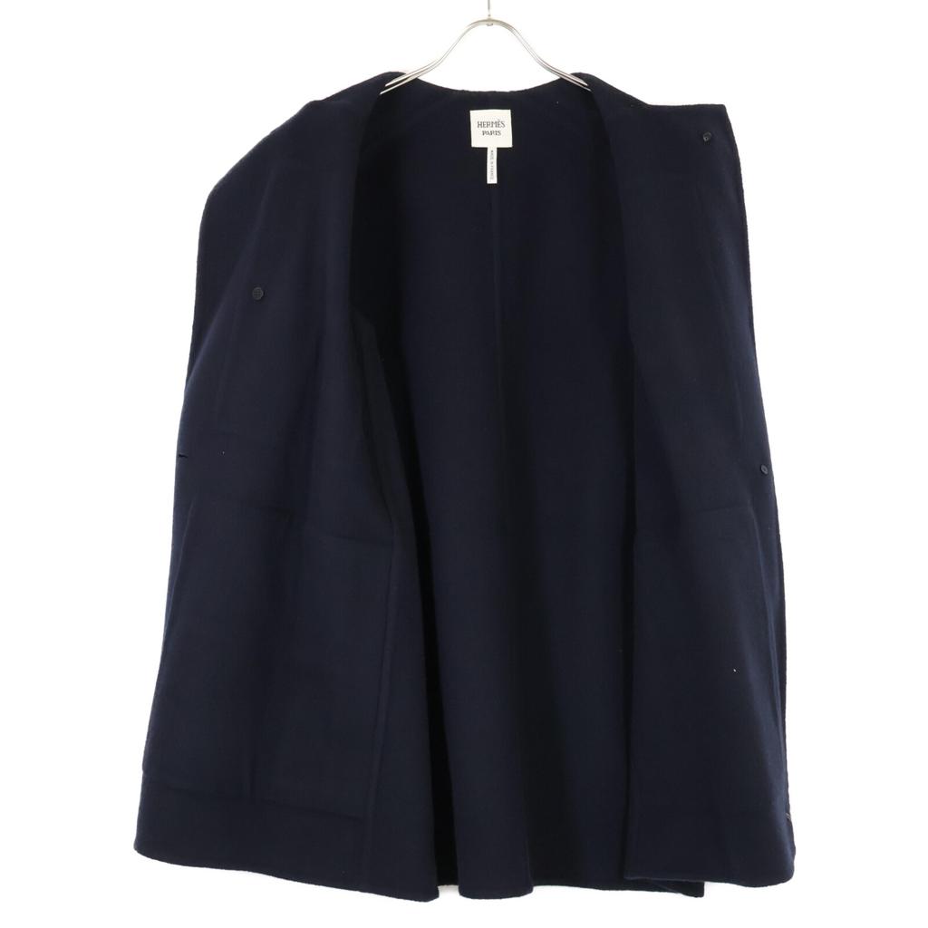 HERMES Beautiful item, genuine Japanese made, 16AW cashmere x lamb leather, serie button collarless jacket coat 34 Dark navy x blackUsed