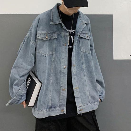 Men Denim Coat Lapel Long Sleeve Flap Pockets Single Breasted Jacket with Flap Pockets Solid Color Loose Fit Denim Outerwear