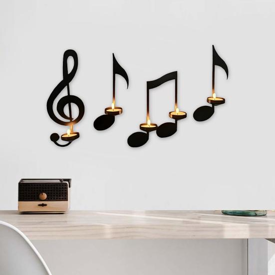Black Music Note Wall Sconce Metal Wall Mounted Candle Holder Musical Symbol Tea Light Holder Rack for Living Room Dining Room