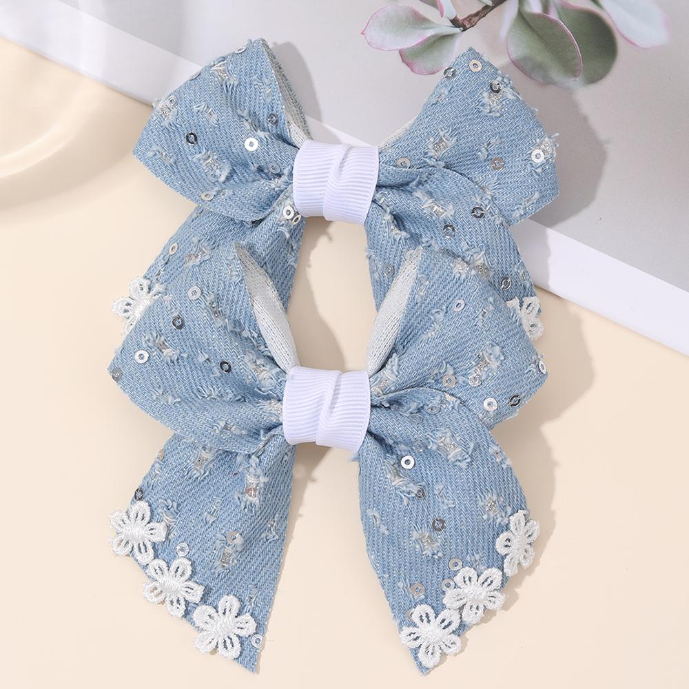 2Pcs Delicate Vintage Denim Bow Hair Clips Lace Floral Sequin Hairpins Fashion Hair Accessories For Girls Party Daily Heawear