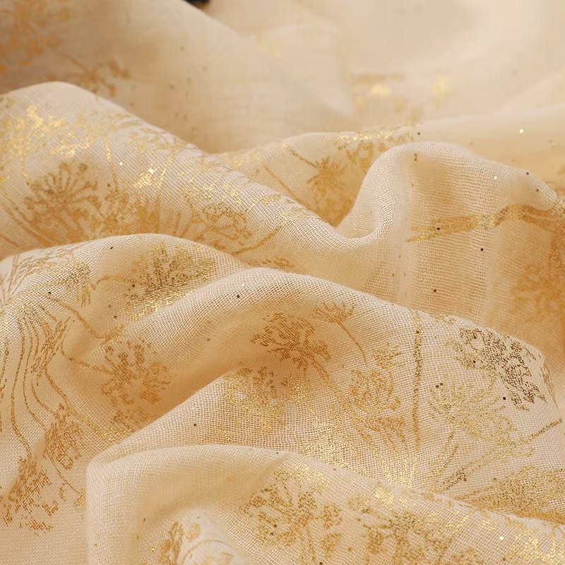 Shawl 180X70Cm Golden Flower Headscarf Hijab Decorated with Golden Flowers in Yellow
