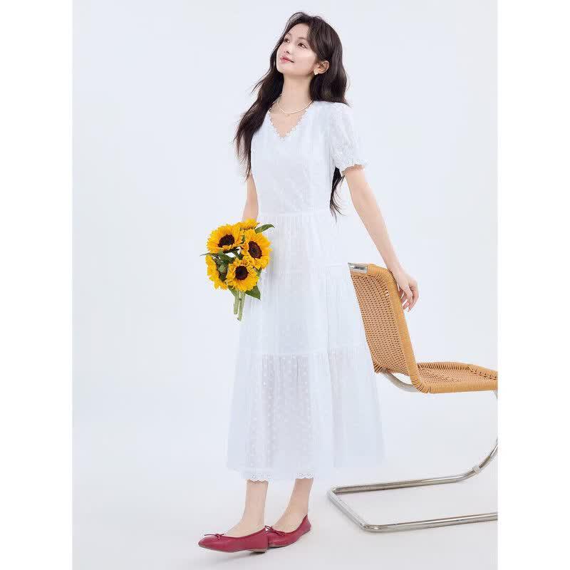 Inman French V-Neck Embroidered Lace A-Line Dress L
