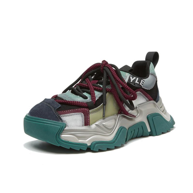 

Autumn and winter new versatile contrasting colors first layer cowhide low top thick sole heightening casual sports shoes women s tide 35 зелений