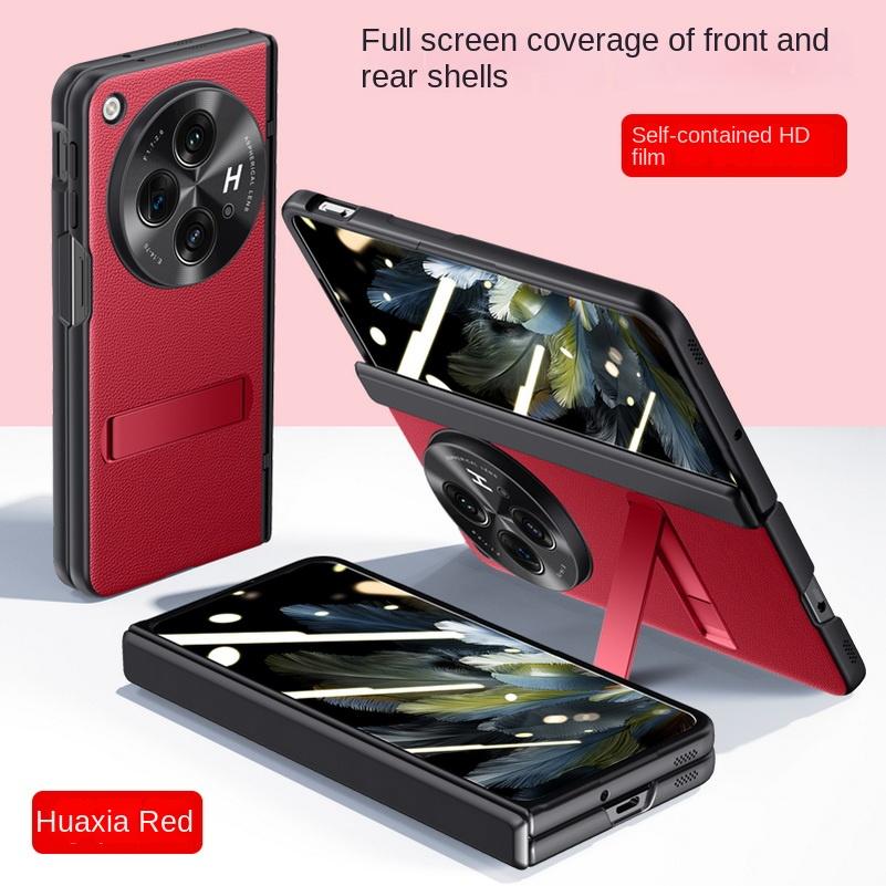 Z osłoną ekranu ze szkła hartowanego z zawiasem sprężynowym do OnePlus Open 1 + Open, etui z uchwytem ze skóry PU, w pełni zakrywające