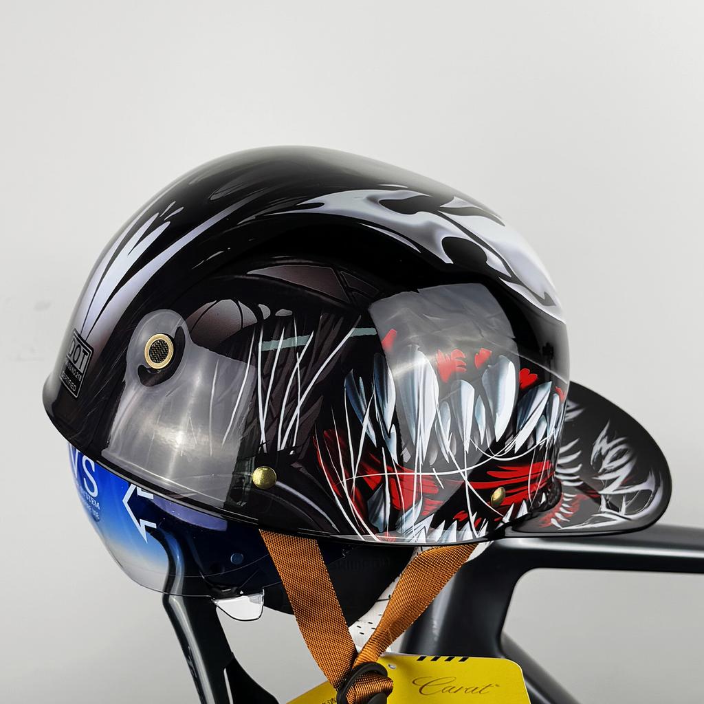 Motorcycle Retro Half Helmet with Blue Built-in Lenses Baseball Helmet For Harley Motorcycle Electric Scooter