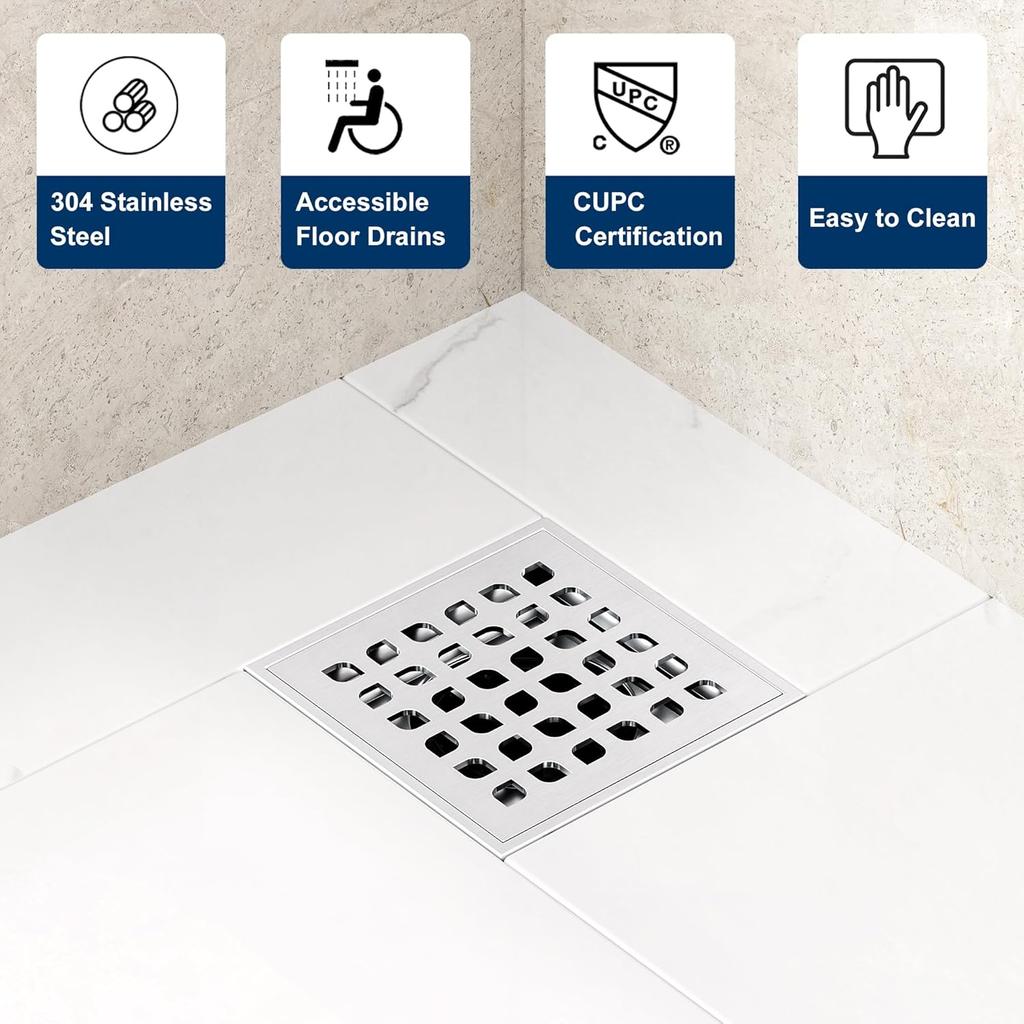 Neodrain Square Shower Drain,4 inch Stainless Steel 304 Grate and PVC Drain Body, Grate with Brushed Nickel Finish, Kit Includes Hair