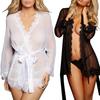 Femmes Sexy dentelle transparent pansement à manches longues peignoir vêtements de nuit vêtements de nuit