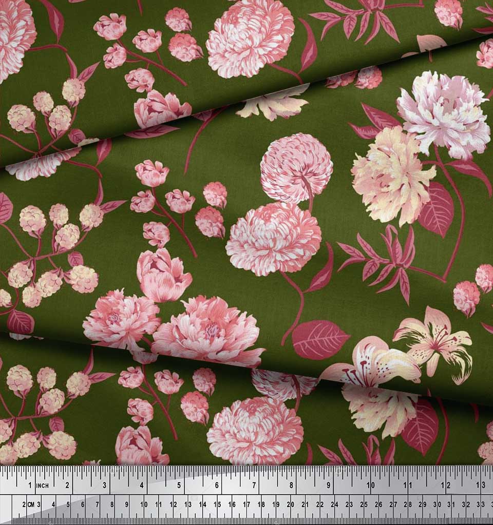 Soimoi Japan Crepe Satin Fabric Leaves,Peony & Dahlia Flower Printed Fabric 1 Metre 42 Inch