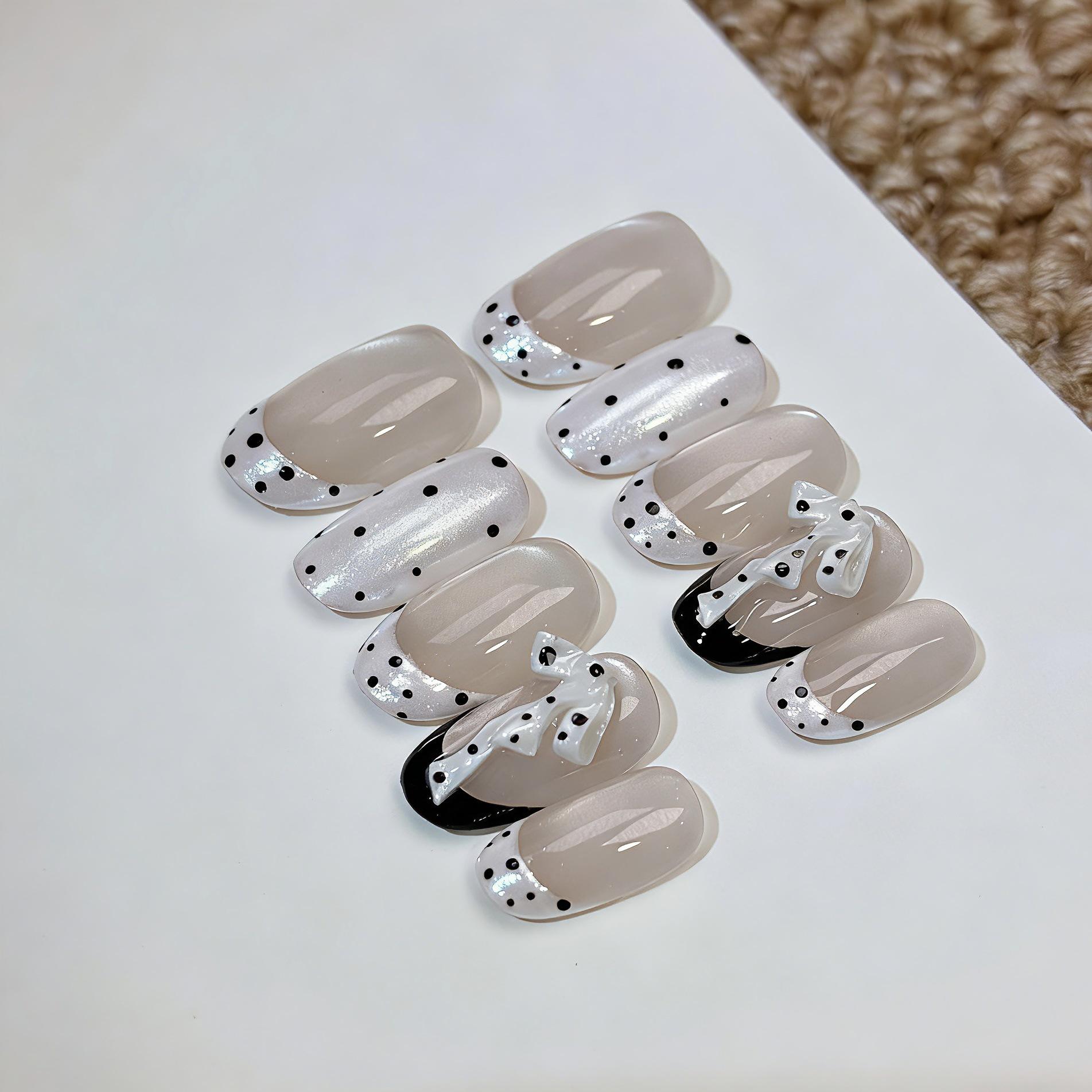 Yue Ai 3D Press-On Nails: Polka Dot French Style, Handmade Nail Art M Handmade Press-On