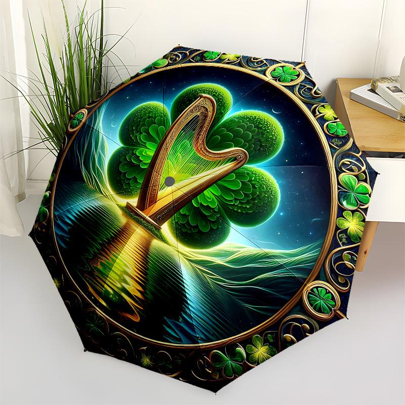 Ireland s Luck: Four-Leaf Clover & Golden Harp Art Print Umbrella, Cute Umbrella with Cute Design, Portable 3-Fold Compact Umbrella for Men & Women, V