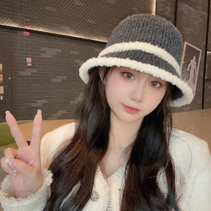 Knitted bucket hat women's new autumn and winter lamb plush color matching bucket basin hat versatile thermal shade basin hat
