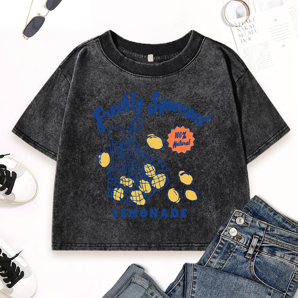 Freshly Squeezed Lemon Juice Printed Washed Slim Tee Shirt Women Crop Summer T-Shirts Casual Cotton Top