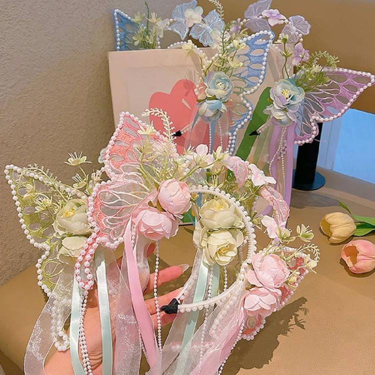 Pearls Headband Butterfly Ribbon Pageant Prom for School Play Stage Props