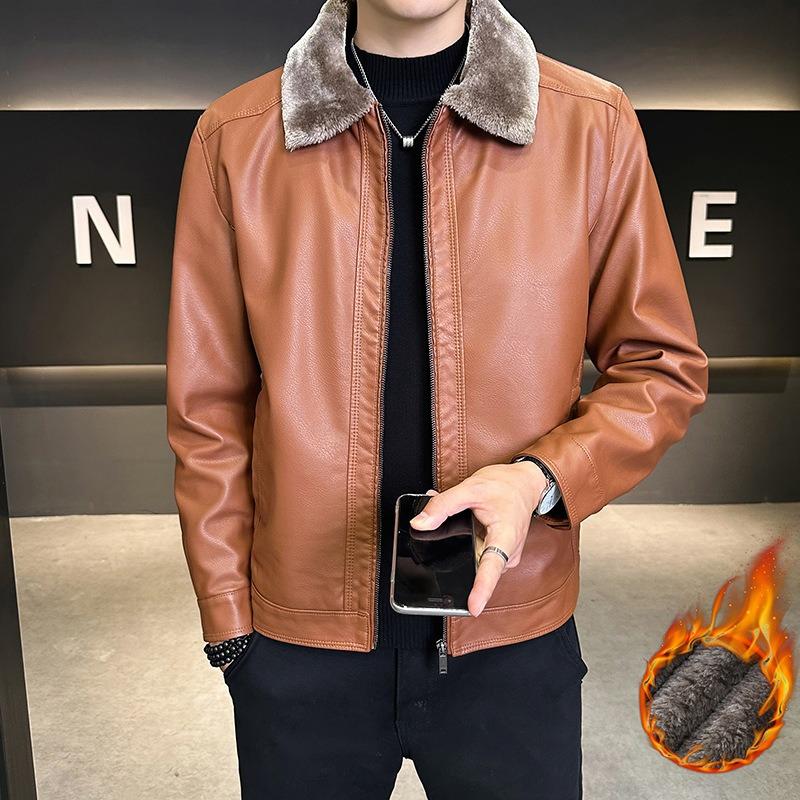 

Thickened fleece leather jacket leather men s leather jacket autumn and winter locomotive clothing casual loose lapel jacket men 4XL
