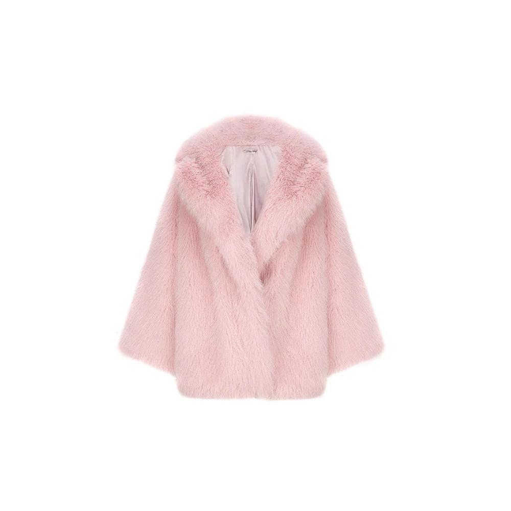 Source Factory Foreign Trade Medium and Long Pink Luxury Imitation Fox Hair Padded Cotton Thickened Environmentally Friendly Fur Jacket