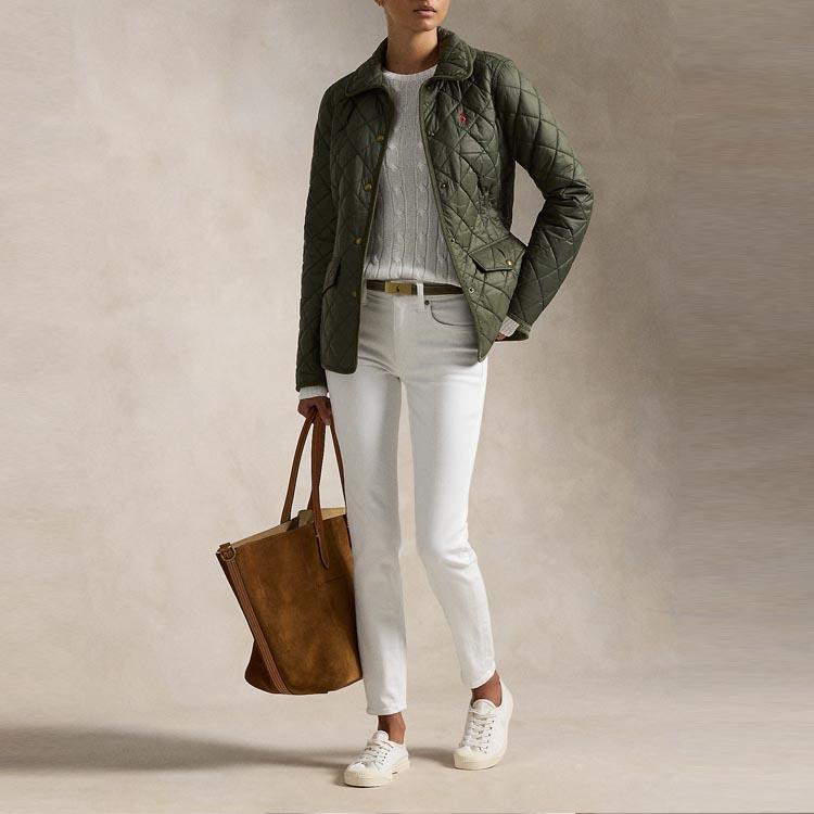 Polo Ralph Lauren FW24 Logo Embroidered Polo Collar Single-Breasted Slim Fit Cotton Jacket Women Jackets Green WMPOOTWN2820290-300