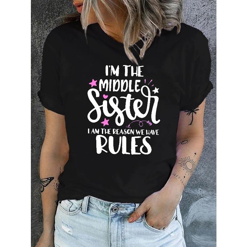 

Women s I m The Middle Sister Print Tee Crew Neck Short Sleeve Casual All Season Top S чёрный