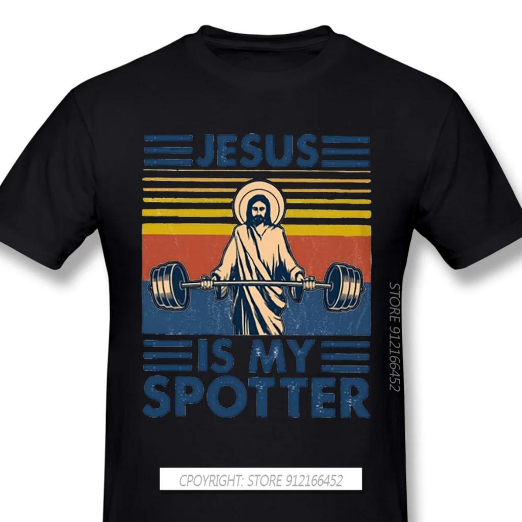 Herren Bodybuilding Pumpin Training Slim Fit Schwarze T-Shirts Fitness Jesus Ist Mein Spotter T-Shirt Reines Baumwoll-T-Shirt Harajuku Shirt