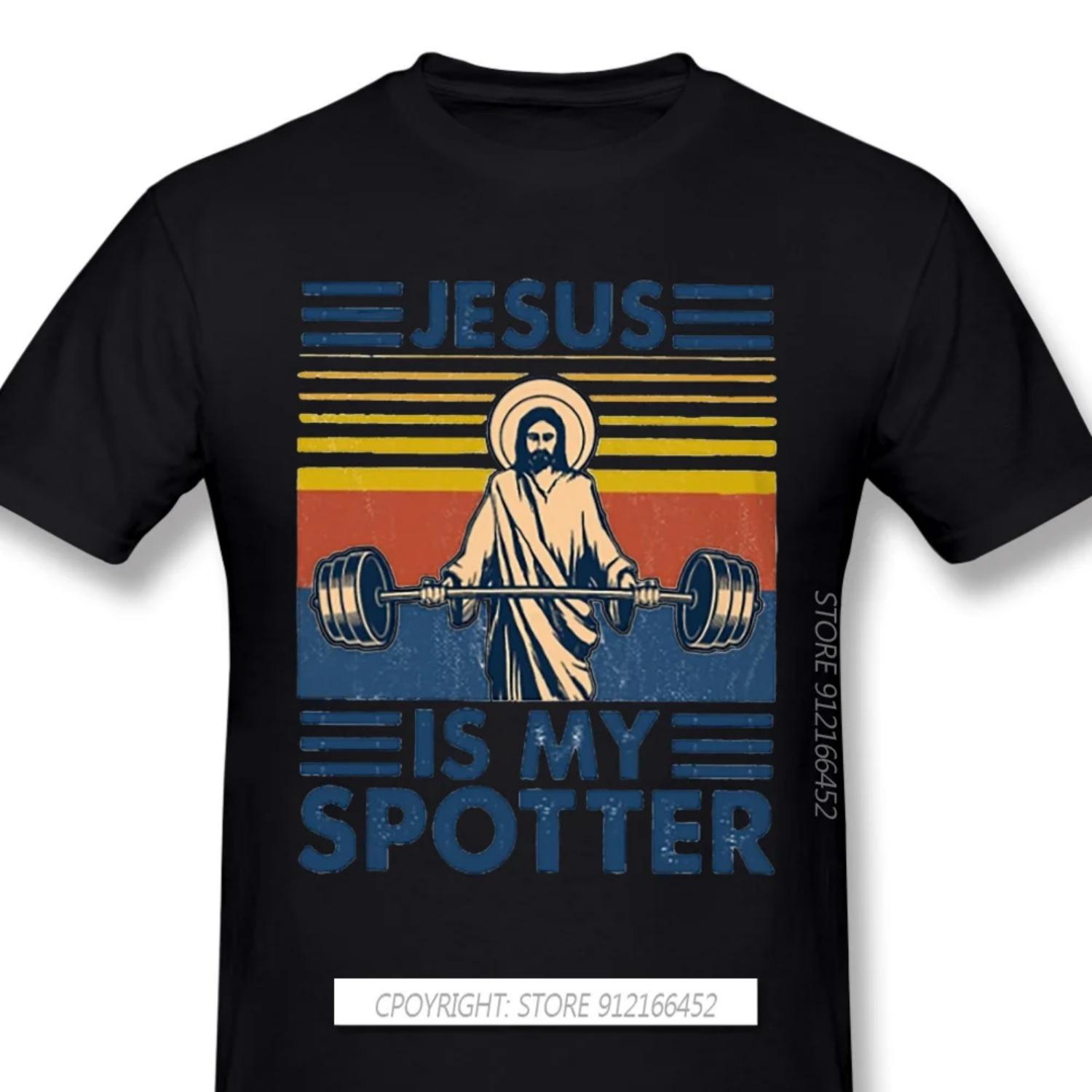 Men Bodybuildin Pumpin Trainin Slim Fit Black T-Shirts Fitness Jesus Is My Spotter TShirt Pure Cotton Tee Harajuku Shirt S чёрный