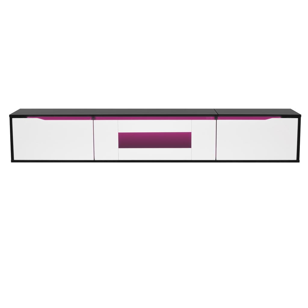 TV Cabinet High Gloss 180 cm, Black White with LED Lighting USB, Modern TV Lowboard with Wall Mounting, Color-Changing Light for Living Room