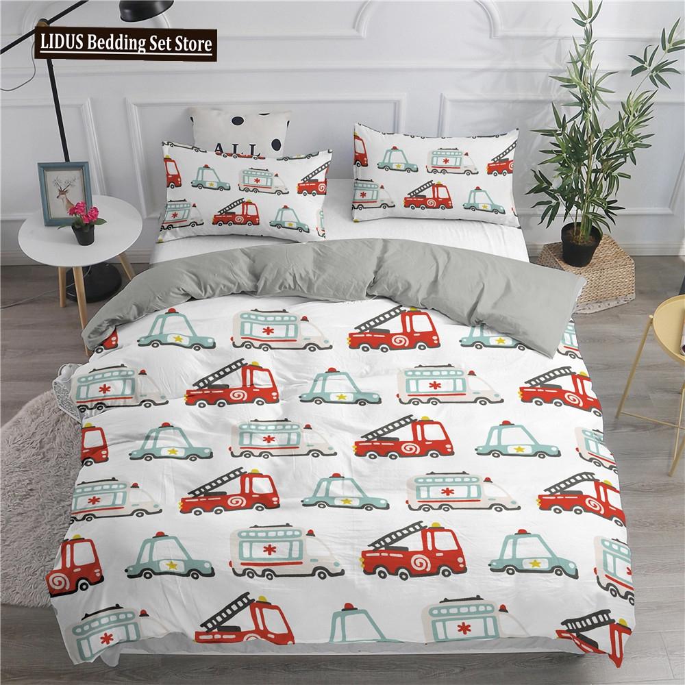 Cartoon Feuerwehrauto King Queen Bettwäscheset für Jungen Kinder Betonmischer Bettbezug Traktor Kran Bagger Polyester Quiltbezug