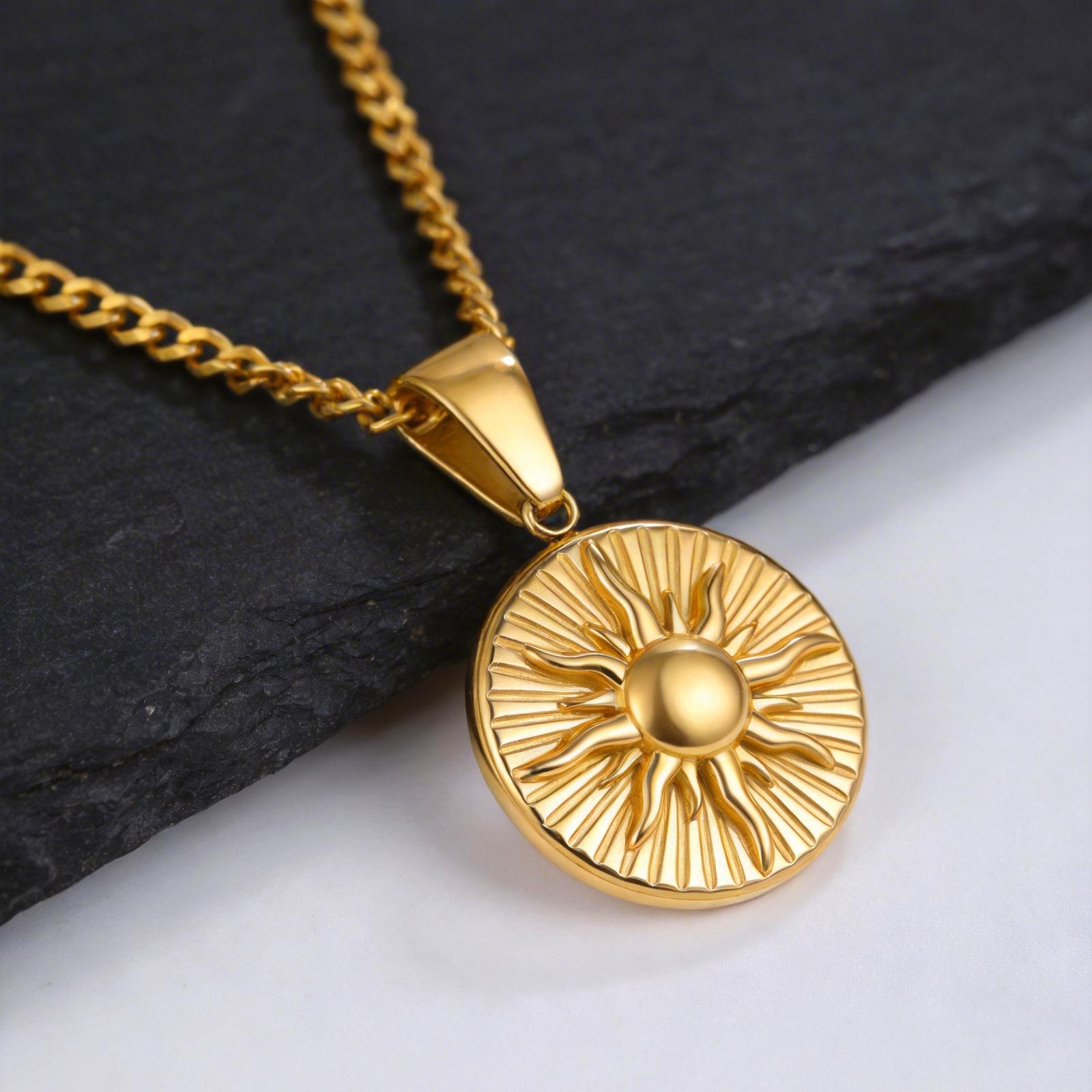 Vnox Sunburst Pendant Necklace for Men, Gold Plated Gray Stainless Steel Link Chain, Trendy Jewelry Gift for Husband Son Dad 60cm