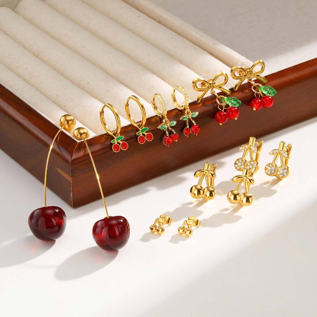 Red Cherry Earrings for Women, Fashion Delicate Fruit Hoops Dangle Earrings, 18K PVD Plated Wedding Party Ear Jewelry