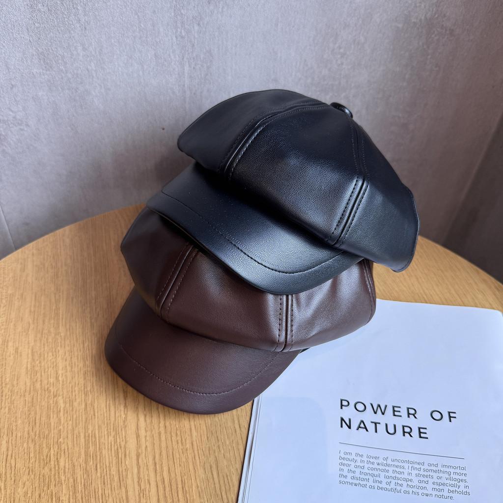 Pu Leather Octagonal Hat For Women With Sun Protection Chic Winter Fashion Accessory
