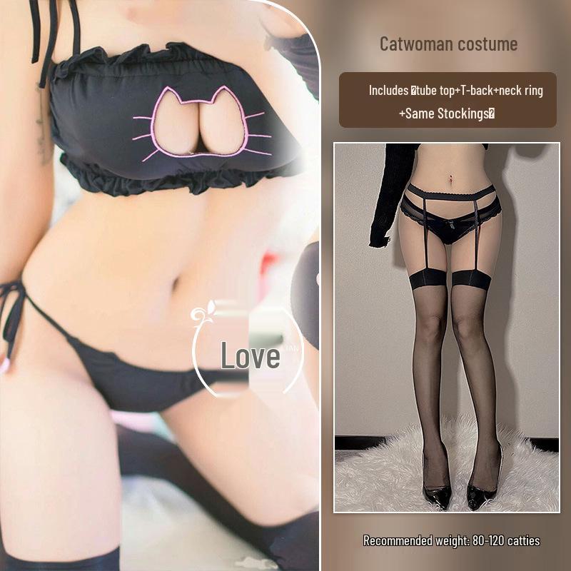 Mulanqing Sexy Open Cup Cat Maid Lingerie Set - COS Role Play Thong Costume