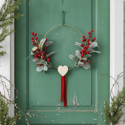 Wreath with Heart Ornament Faux Foliage Hanging Loop Decor for Door, Entryway,