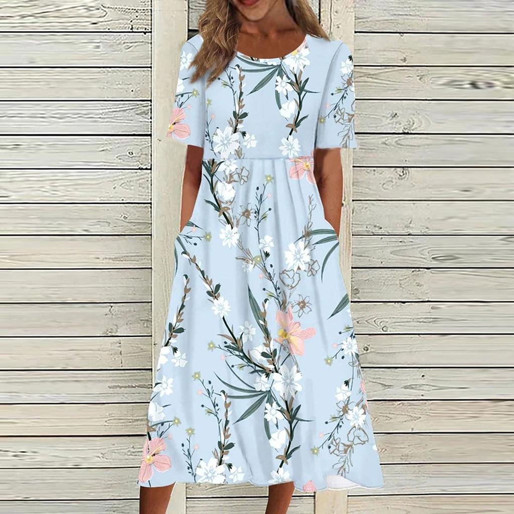 Women's Summer Casual Fashion Flower Printed Short Sleeve Round Neck Pocket Dress